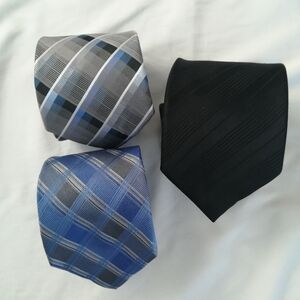 3 Tie Bundle 100% Silk Men's Ties Calvin Klein and Protocol Black, Silver, Blue